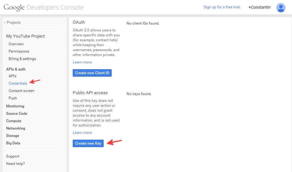 Google console API credentials step 1