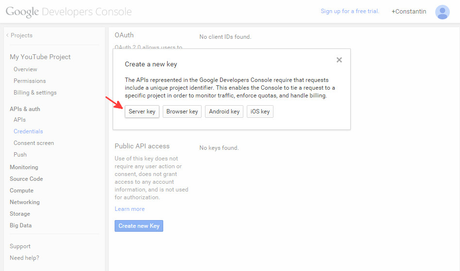 Google console API credentials step 2